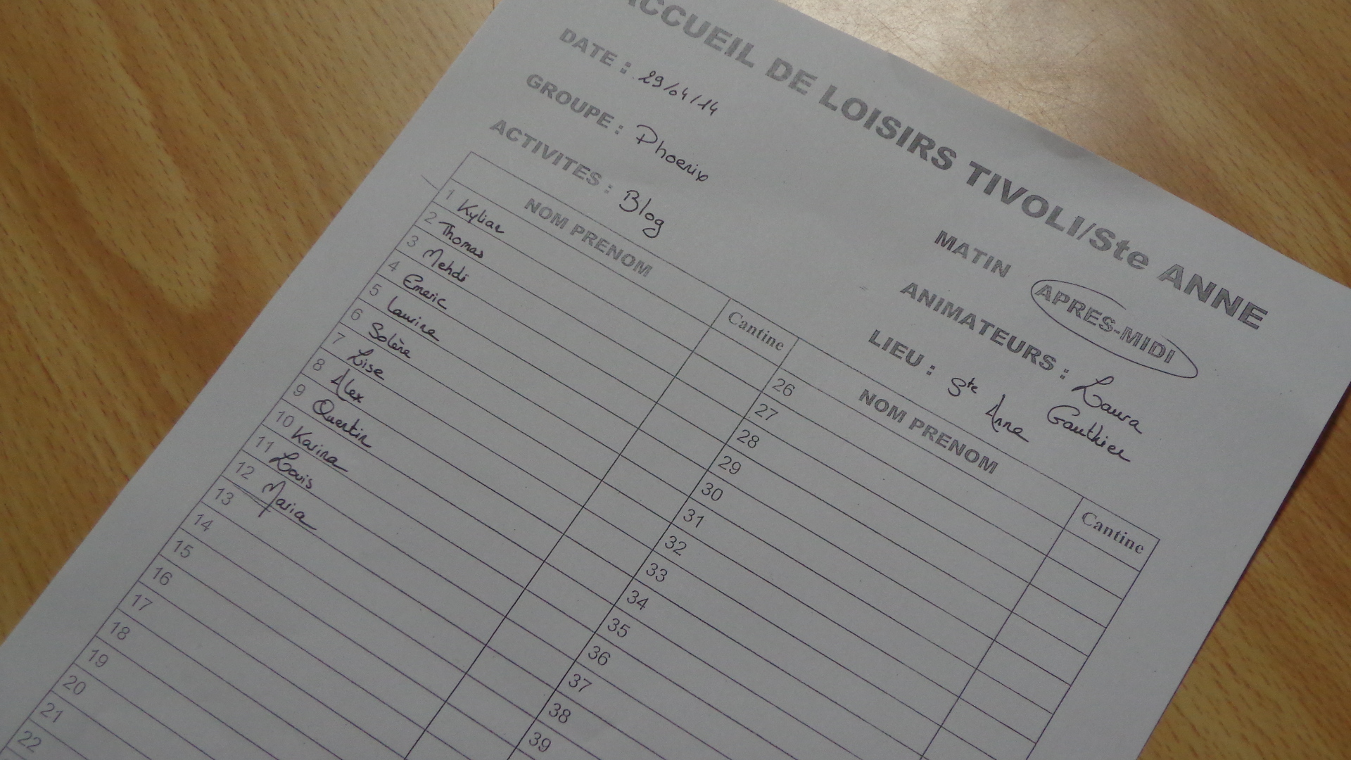 la fiche des inscriptions